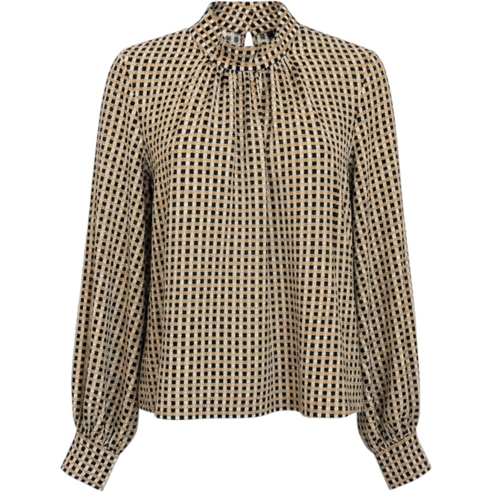 Stine Goya Eddy Blouse Black Orange Blue Checkered Mock Neck Blouse Size L